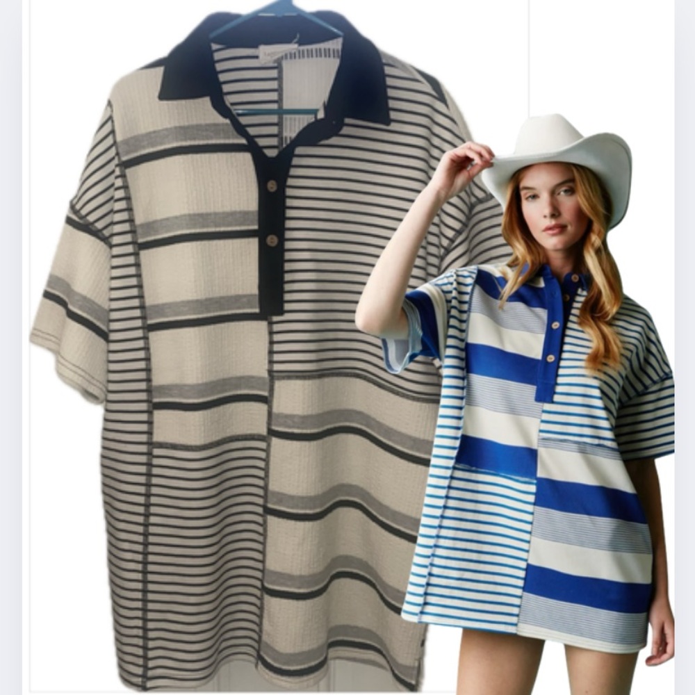 FANTASTIC FAWN Women’s Striped Polo Tunic Mini Dress Black, Gray, and White